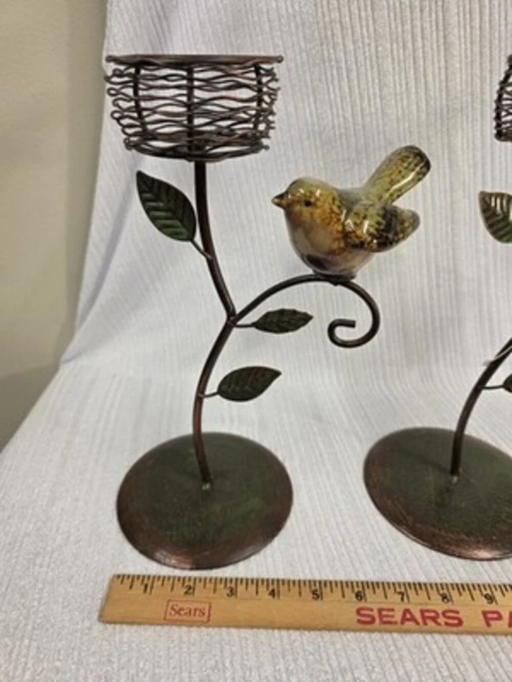 Set of 2 Metal & Glass Bird Votive Candle Holders Rustic Antique look 11in